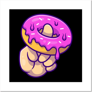 Doughnut With Hand Cartoon Illustration Posters and Art